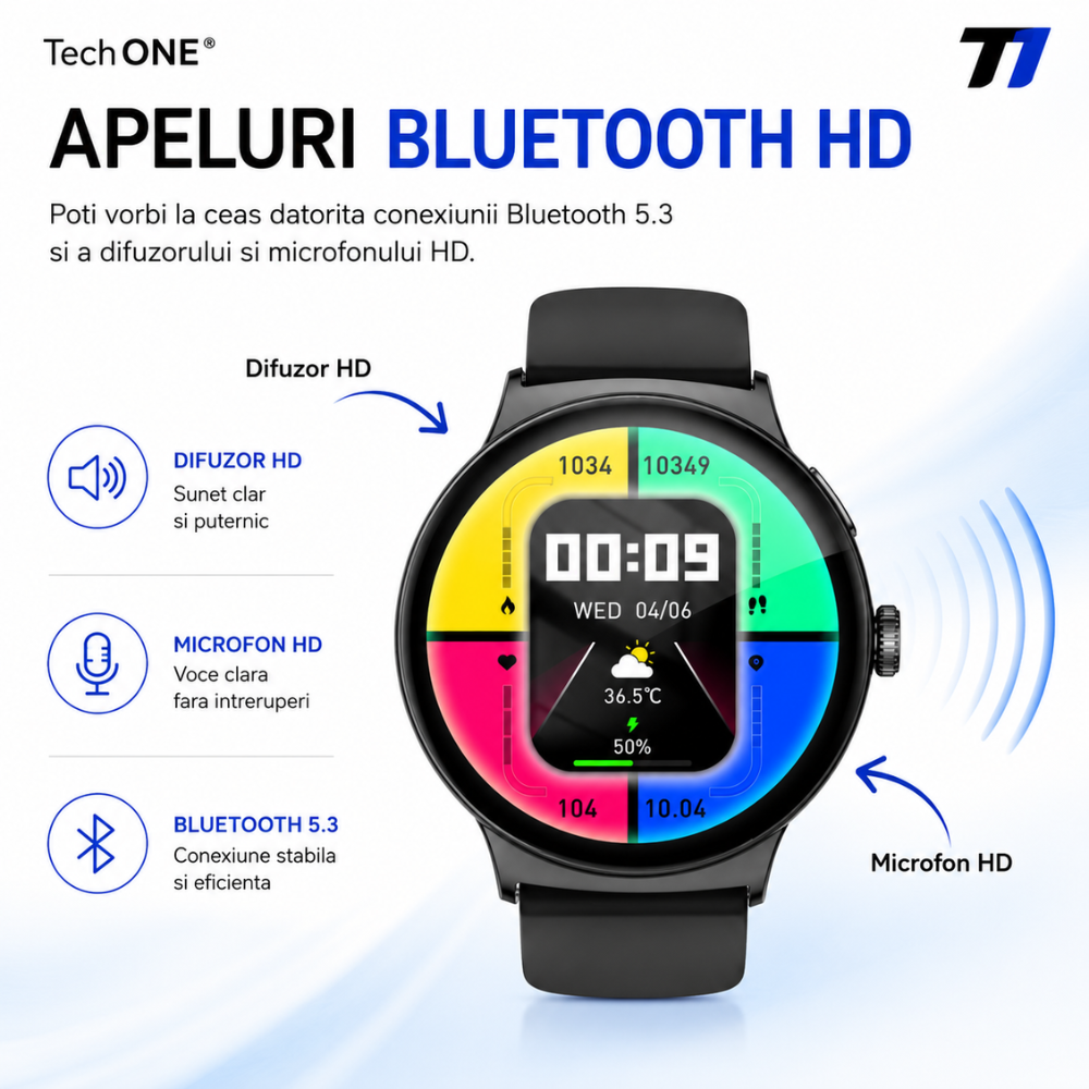 Ceas Smartwatch Barbati TechONE NeoWrist Plus, Negru