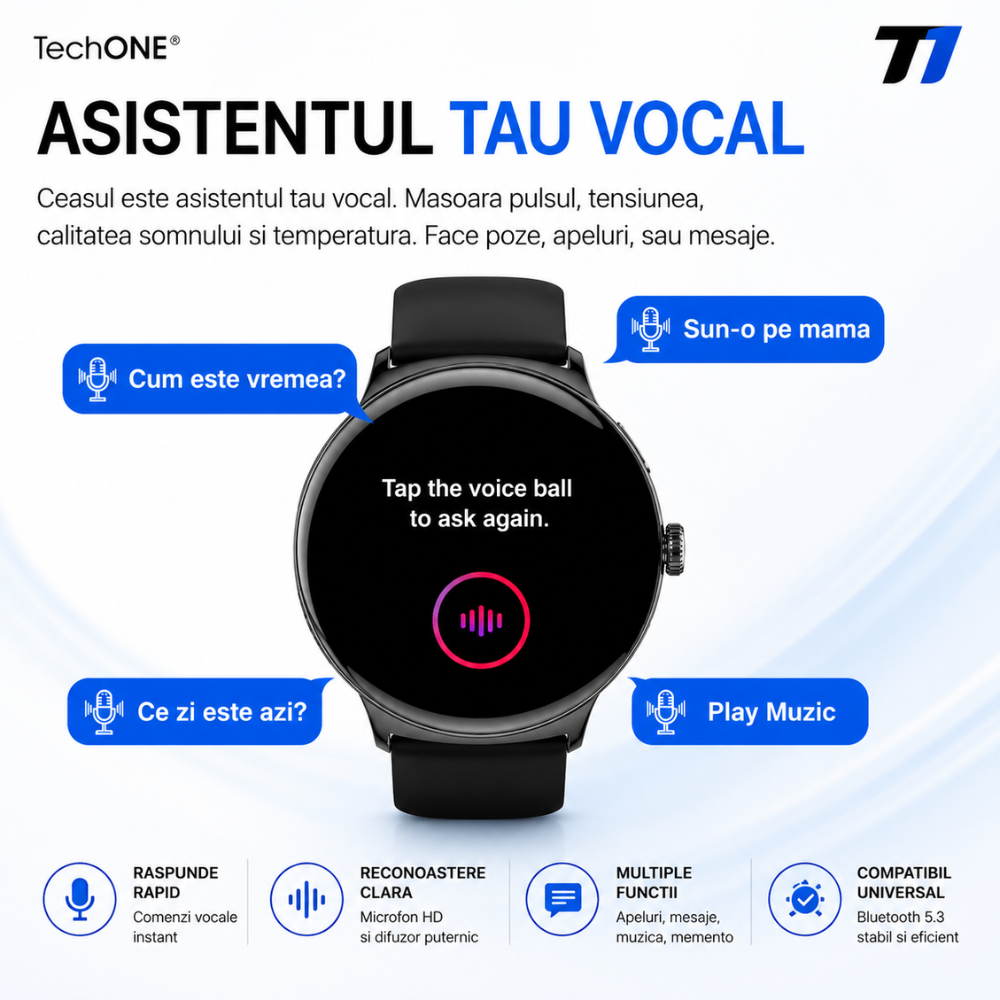 Ceas Smartwatch Barbati TechONE NeoWrist Plus, Negru