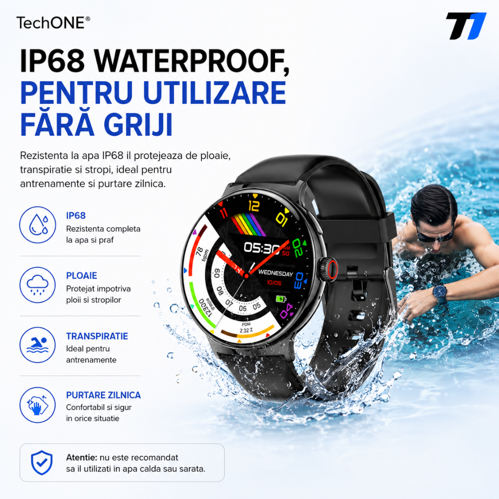 Ceas Smartwatch Barbati TechONE NeoWrist Plus, Negru