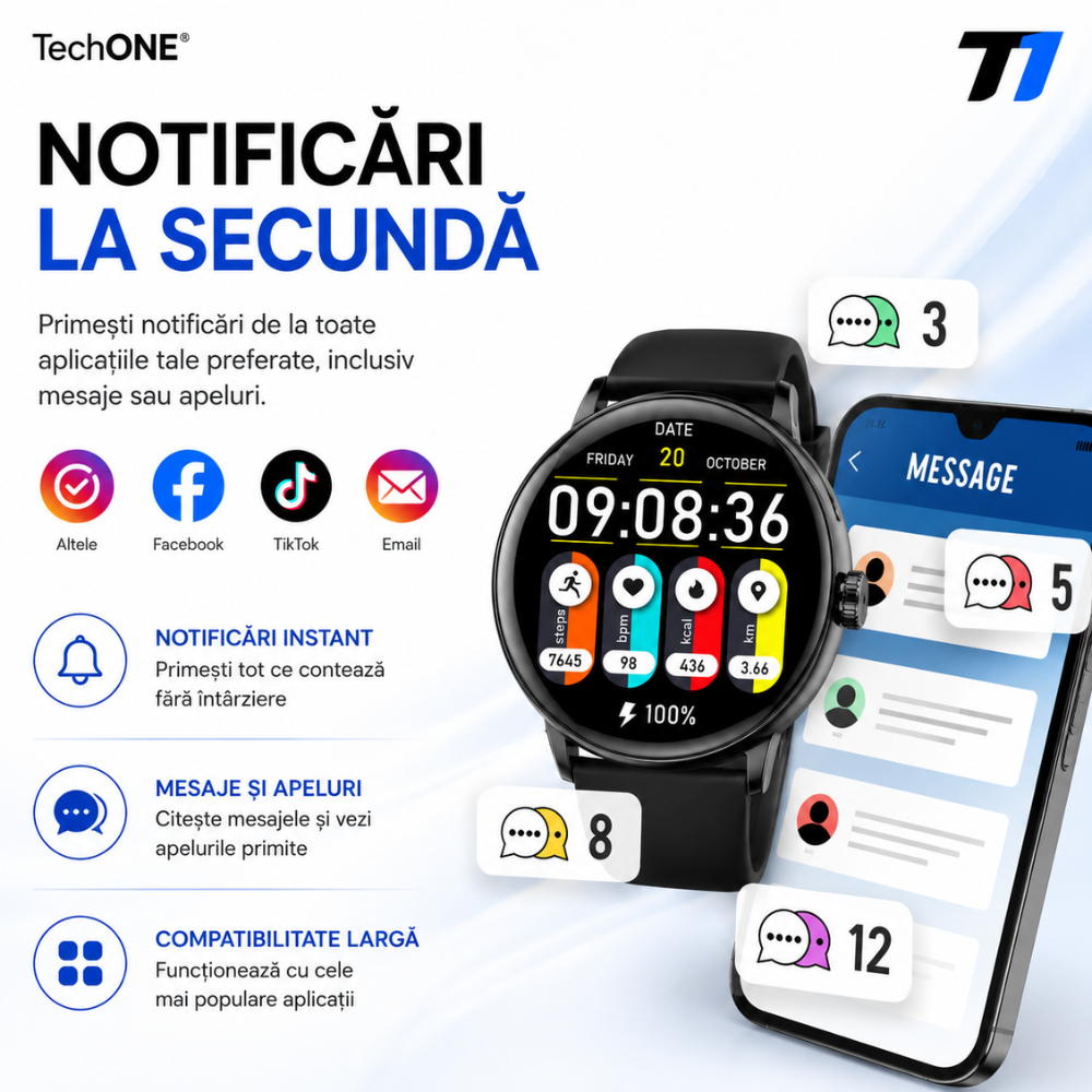Ceas Smartwatch Barbati TechONE NeoWrist Plus, Negru