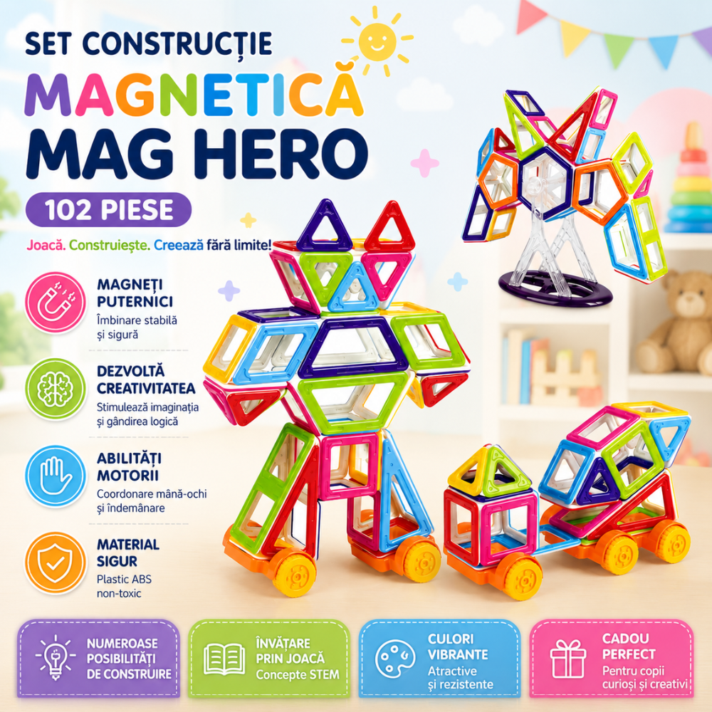 Set Constructie Magnetic Copii KidProtect Mag Hero 102 buc