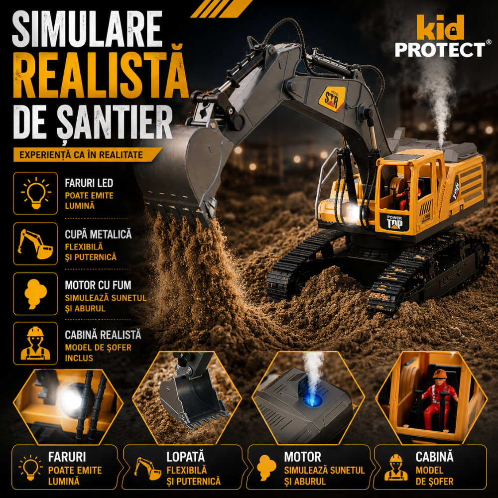 Excavator Super Realist Cu Telecomanda Pentru Copii KidProtect Digger Pro RC