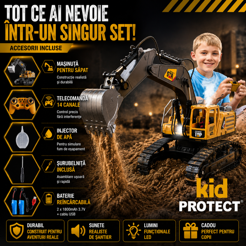 Excavator Super Realist Cu Telecomanda Pentru Copii KidProtect Digger Pro RC
