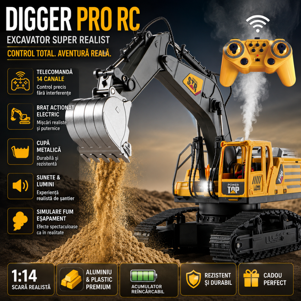 Excavator Super Realist Cu Telecomanda Pentru Copii KidProtect Digger Pro RC