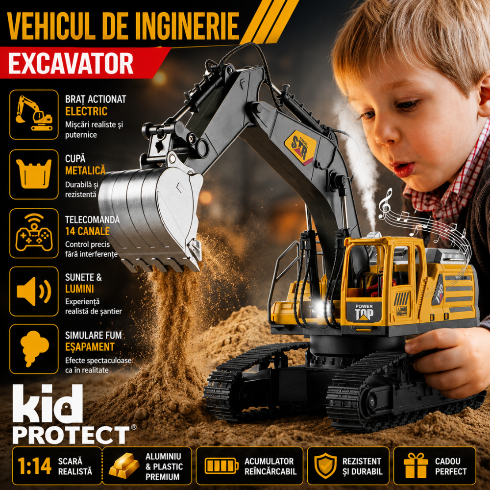 Excavator Super Realist Cu Telecomanda Pentru Copii KidProtect Digger Pro RC