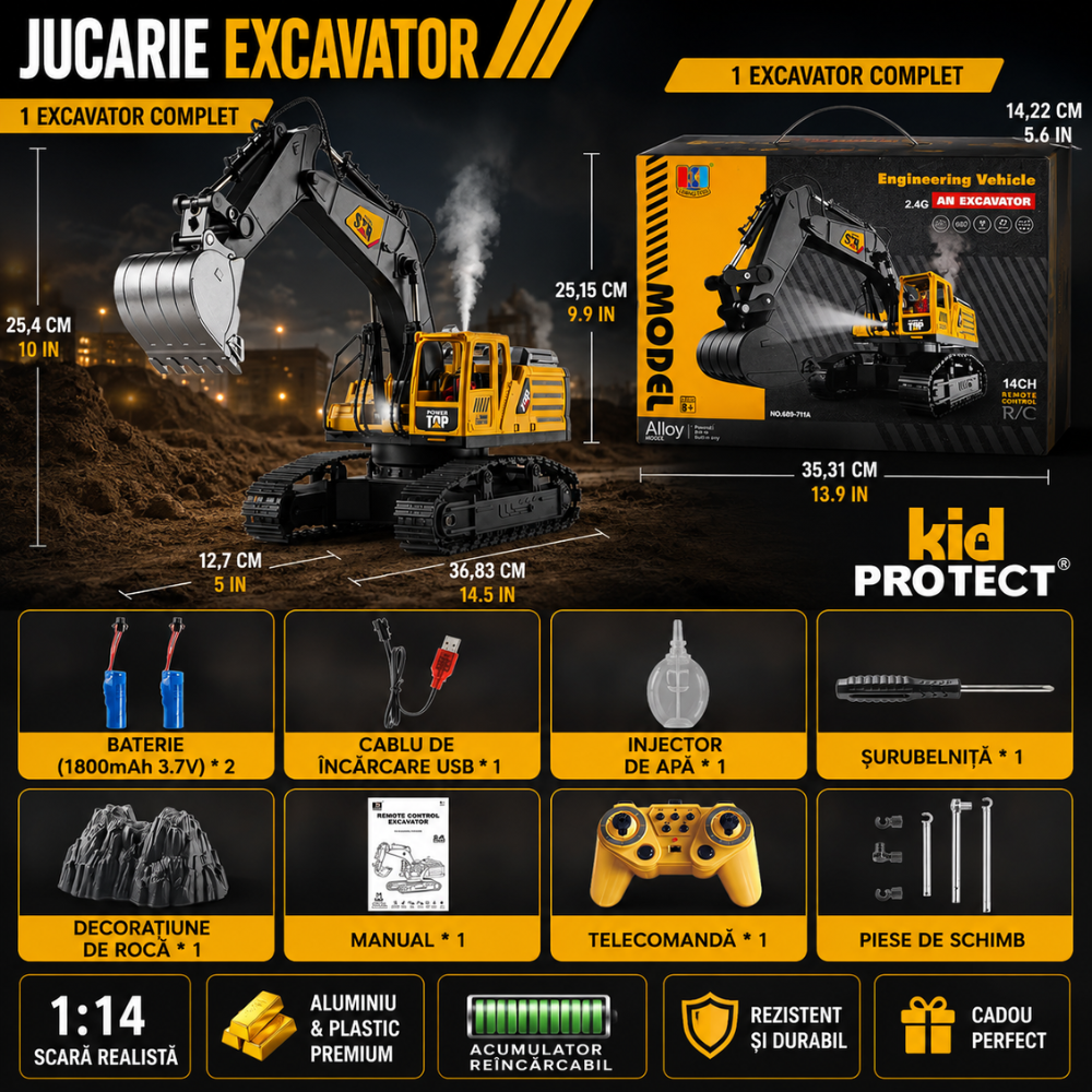 Excavator Super Realist Cu Telecomanda Pentru Copii KidProtect Digger Pro RC