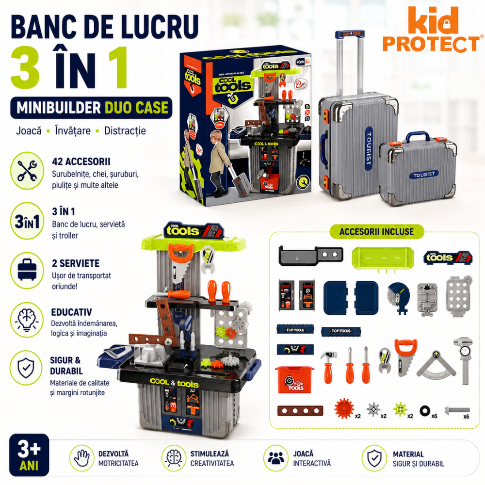Banc de Lucru Copii 3 in 1 Kidprotect MiniBuilder Duo Case