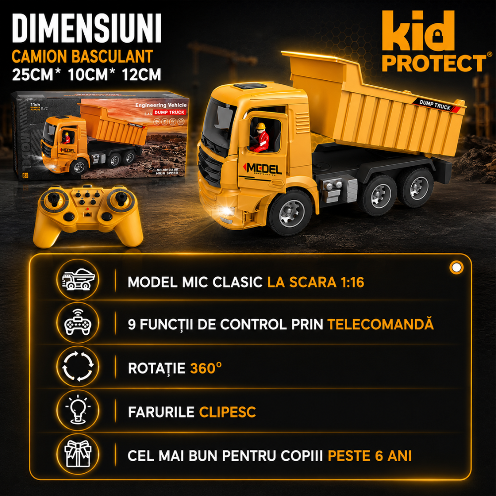 Basculanta Super Realista Cu Telecomanda Pentru Copii KidProtect PowerHaul Remote