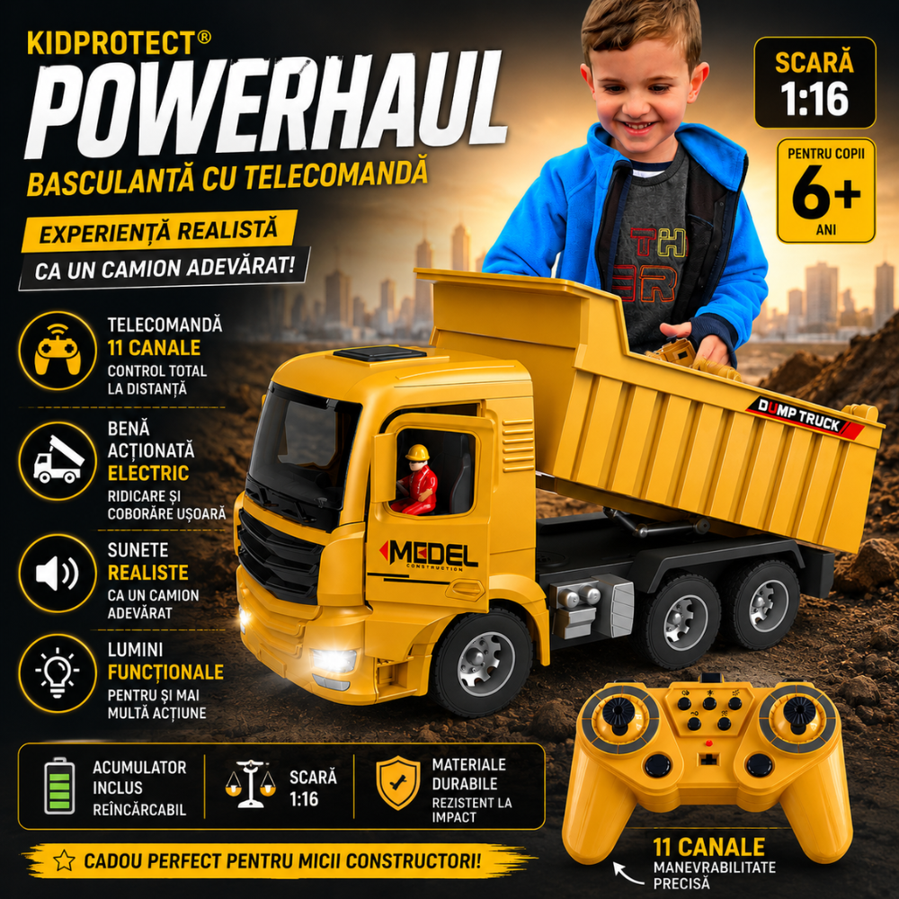 Basculanta Super Realista Cu Telecomanda Pentru Copii KidProtect PowerHaul Remote