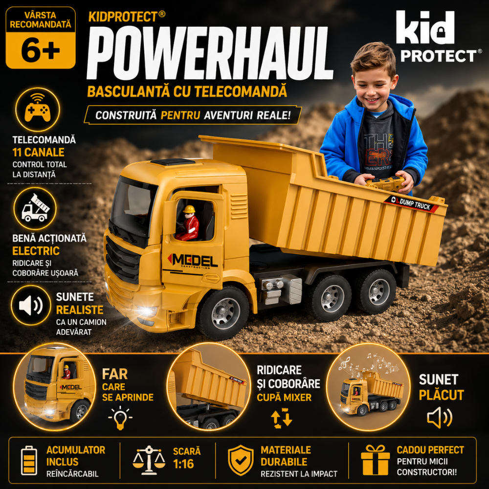 Basculanta Super Realista Cu Telecomanda Pentru Copii KidProtect PowerHaul Remote