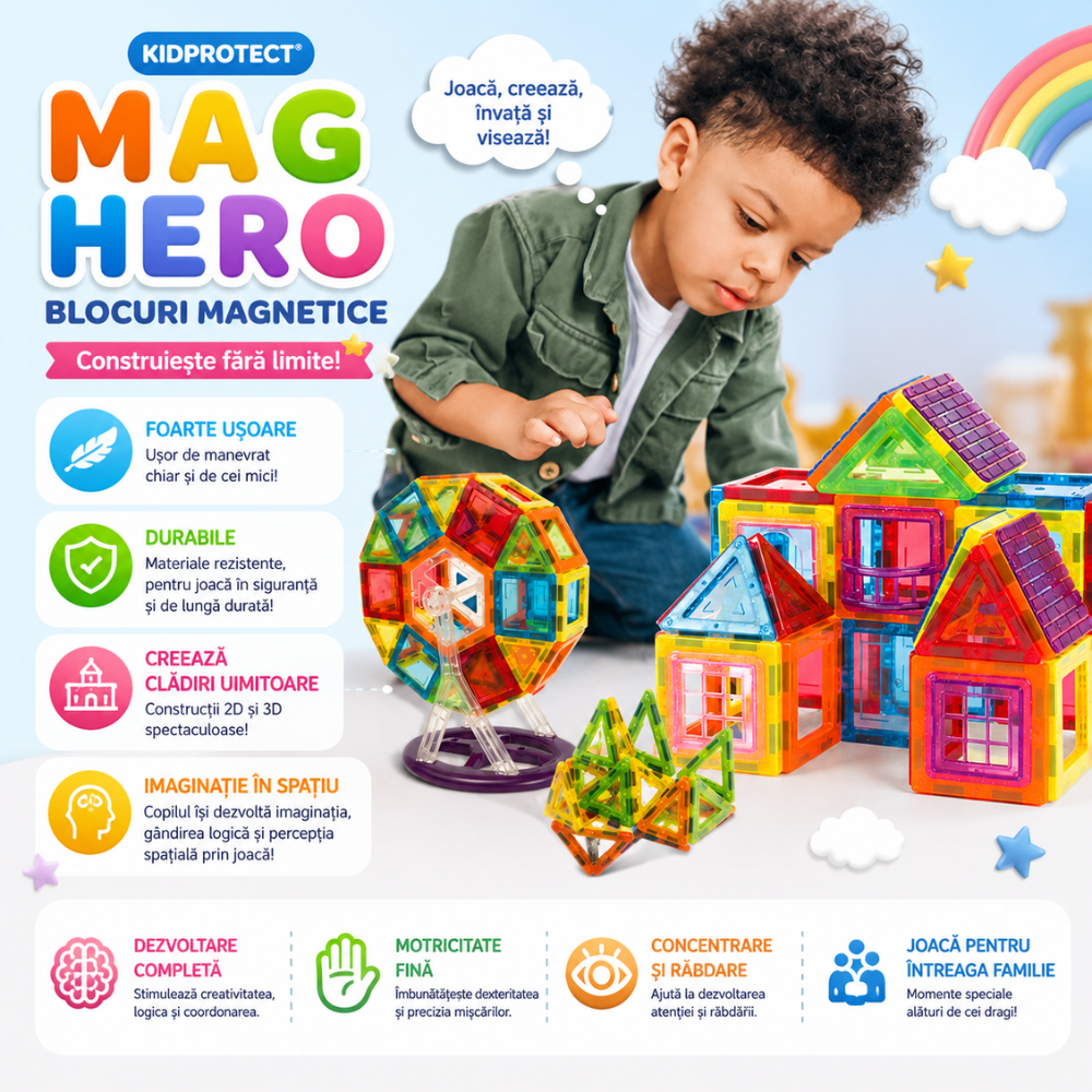 Set Constructie Blocuri Magnetice Copii KidProtect Mag Hero Big 70 buc