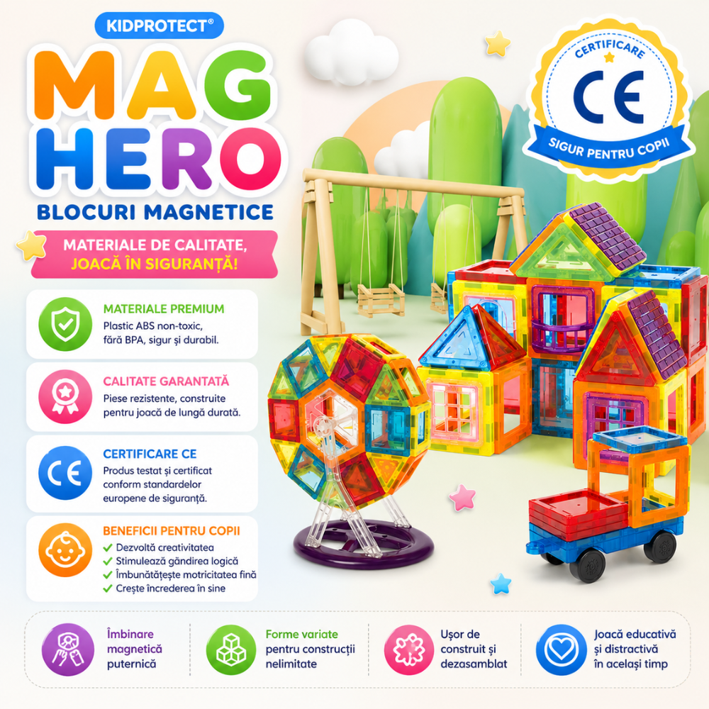 Set Constructie Blocuri Magnetice Copii KidProtect Mag Hero Big 70 buc