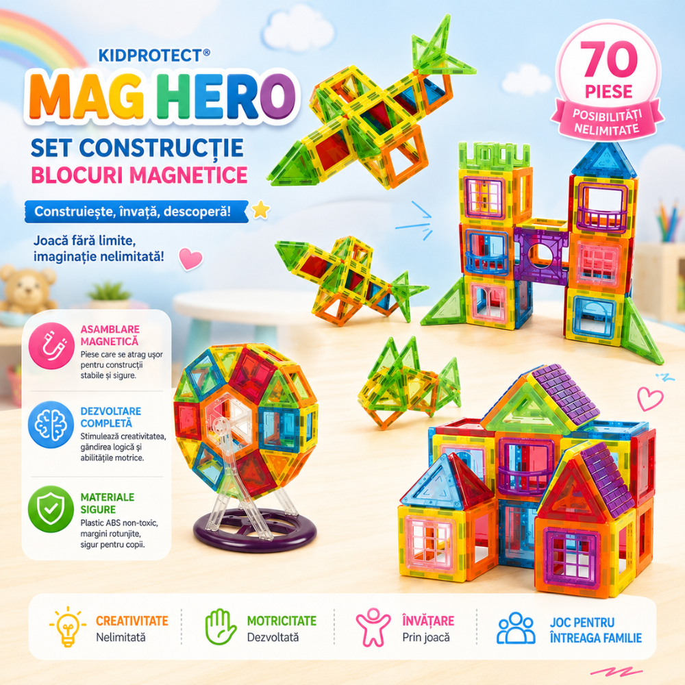 Set Constructie Blocuri Magnetice Copii KidProtect Mag Hero Big 70 buc