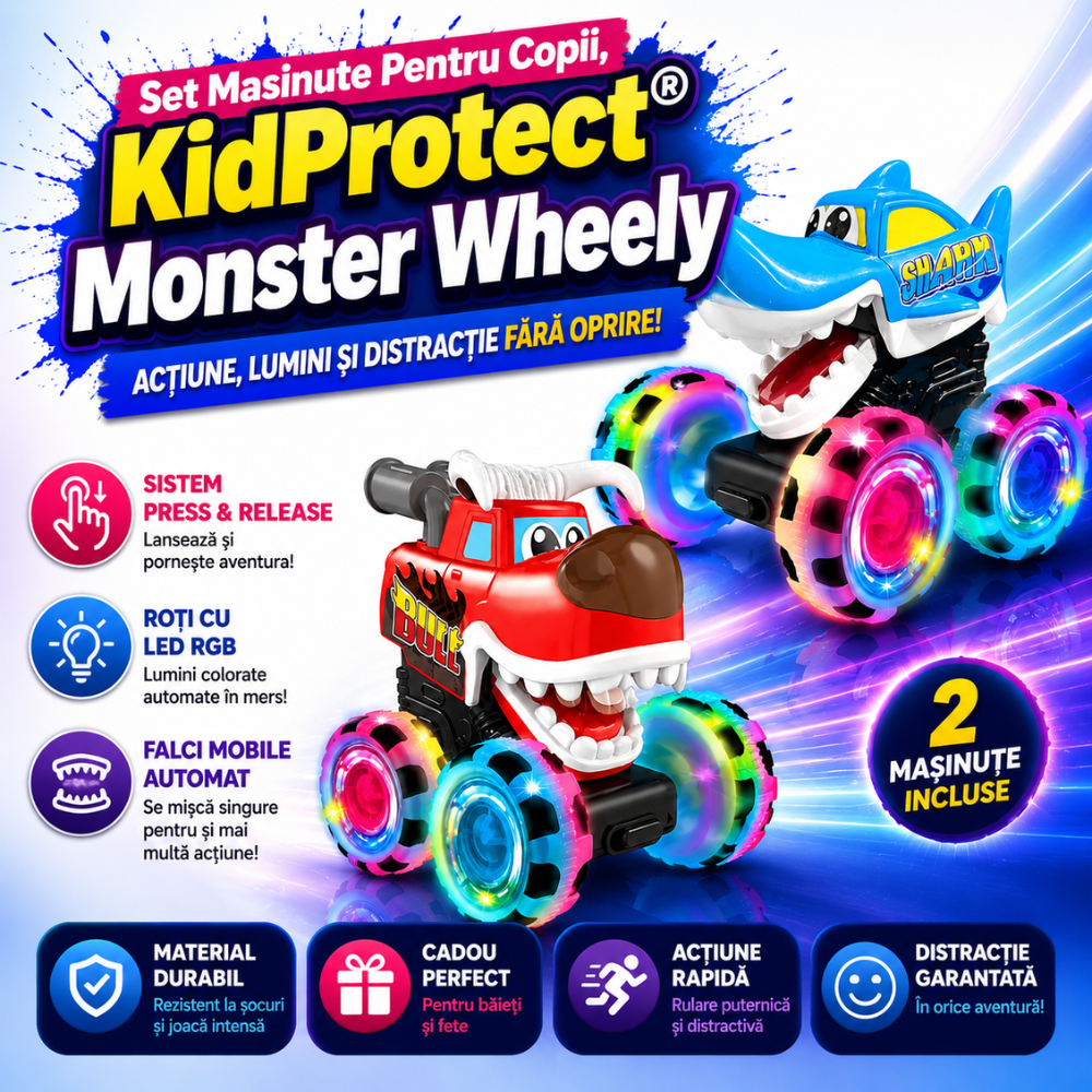 Set Masinute Pentru Copii, KidProtect Monster Wheely
