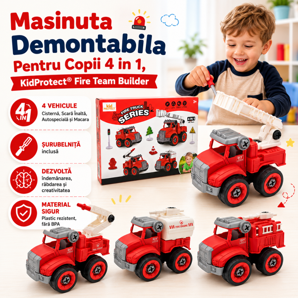 Masinuta Demontabila Pentru Copii 4 in 1, KidProtect Fire Team Builder