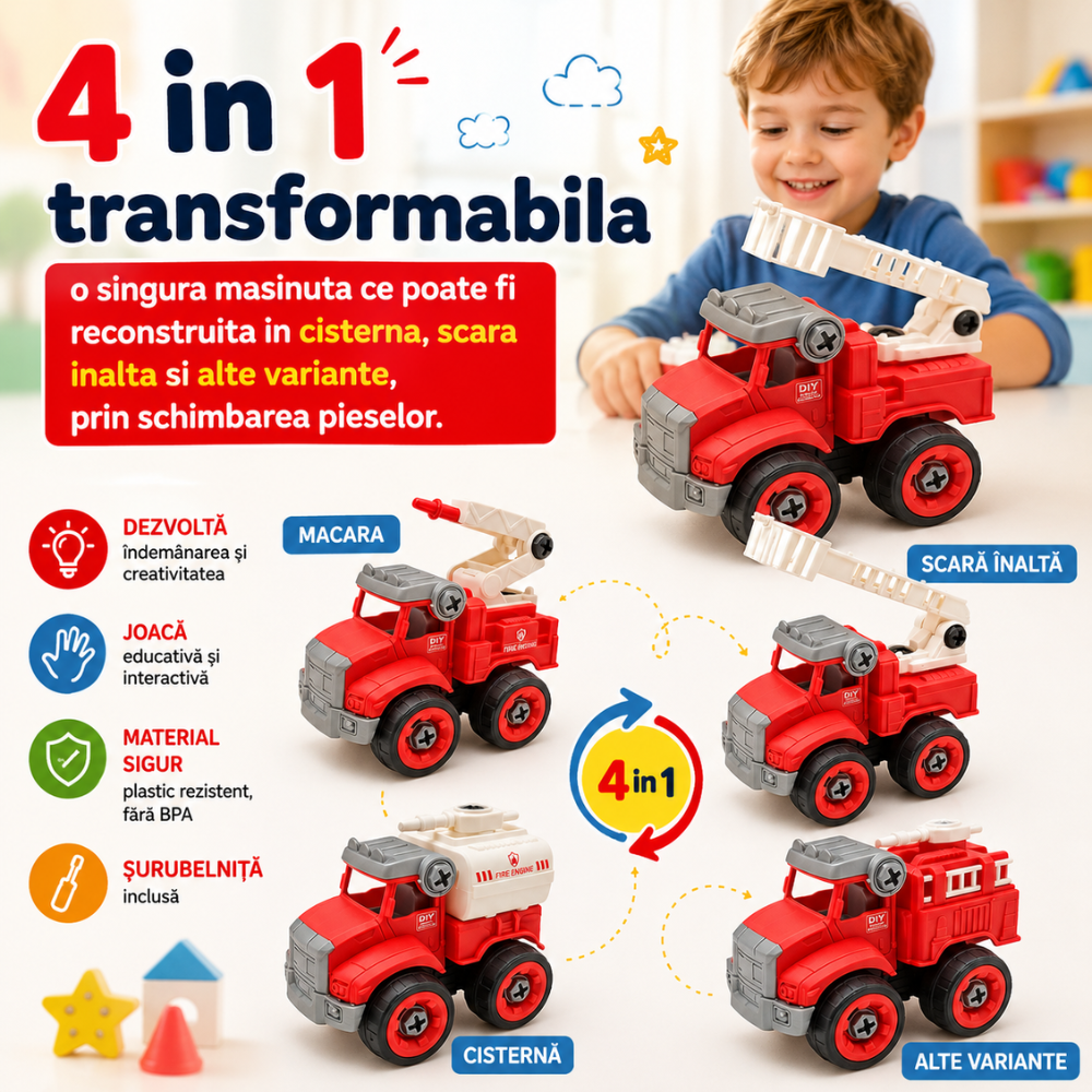 Masinuta Demontabila Pentru Copii 4 in 1, KidProtect Fire Team Builder