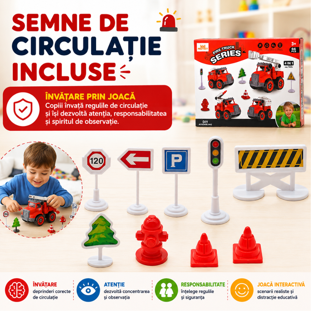 Masinuta Demontabila Pentru Copii 4 in 1, KidProtect Fire Team Builder