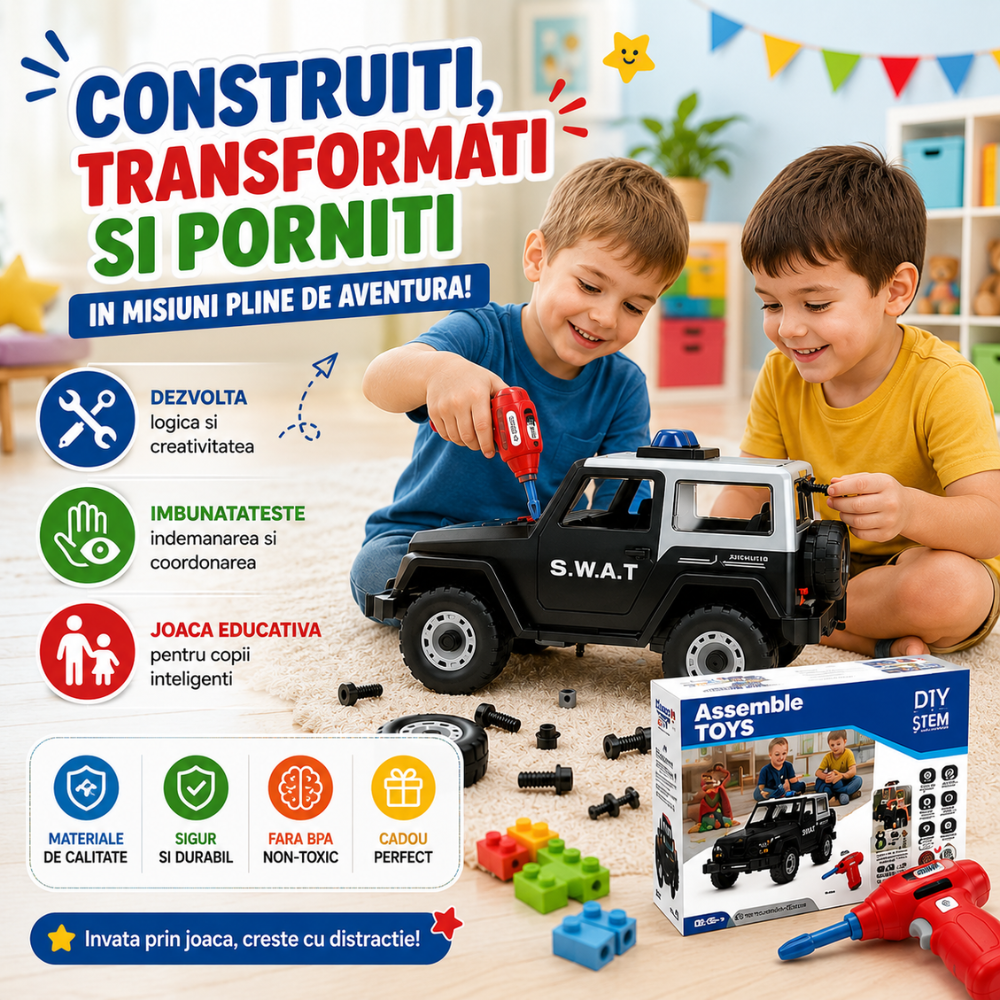Masina 2 in 1 SWAT si Jeep de Construit si Asamblat De Jucarie Pentru Copii KidProtect Build Me