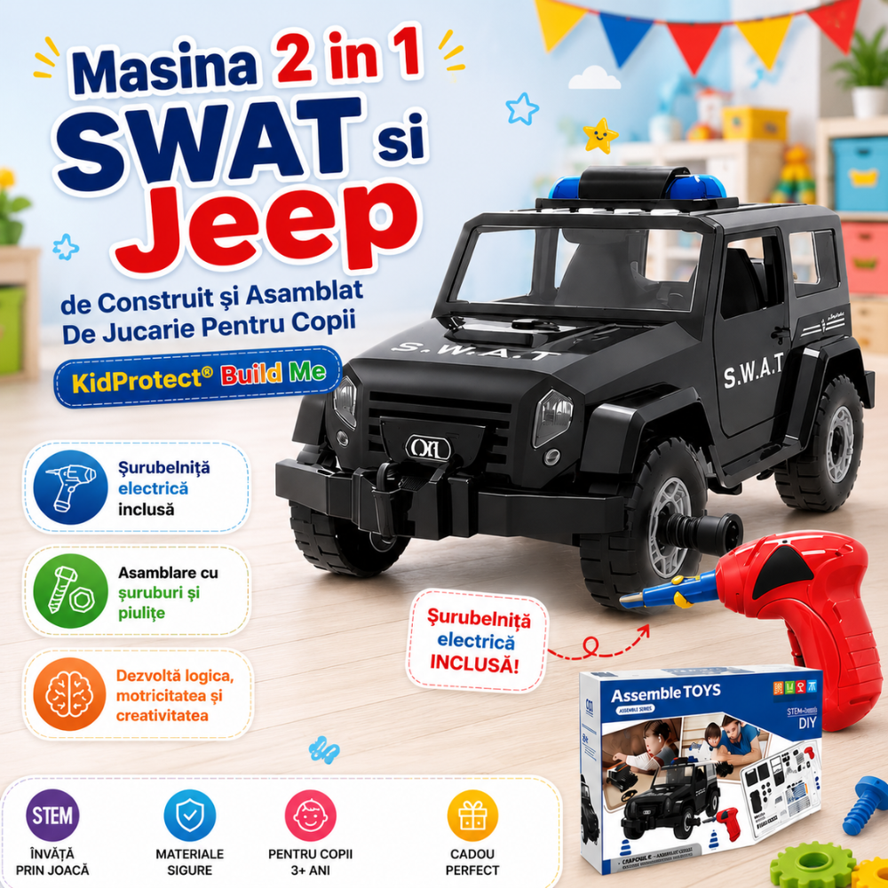 Masina 2 in 1 SWAT si Jeep de Construit si Asamblat De Jucarie Pentru Copii KidProtect Build Me