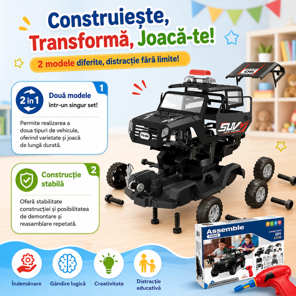 Masina 2 in 1 SWAT si Jeep de Construit si Asamblat De Jucarie Pentru Copii KidProtect Build Me
