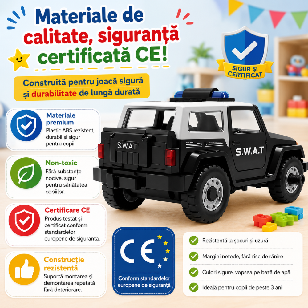 Masina 2 in 1 SWAT si Jeep de Construit si Asamblat De Jucarie Pentru Copii KidProtect Build Me