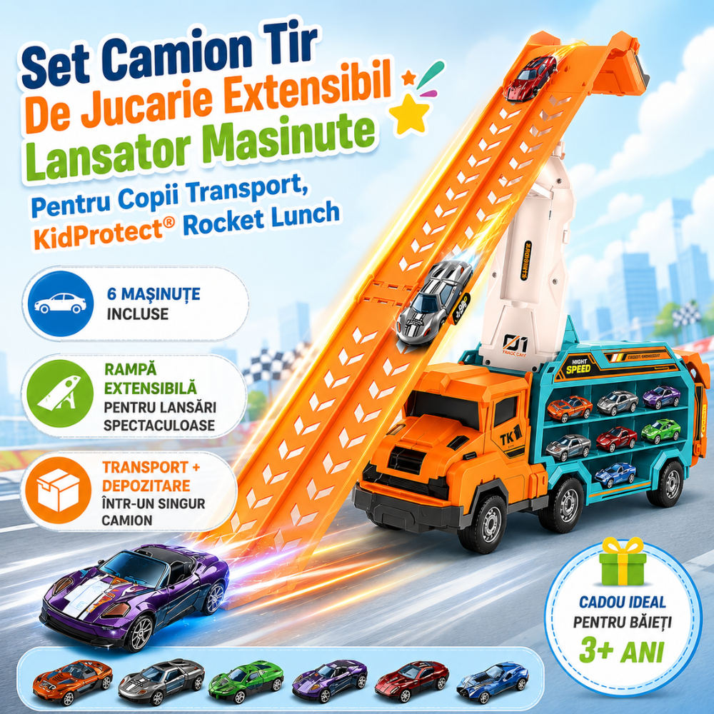Set Camion Tir De Jucarie Extensibil Lansator Masinute Pentru Copii Transport, KidProtect Rocket Lunch