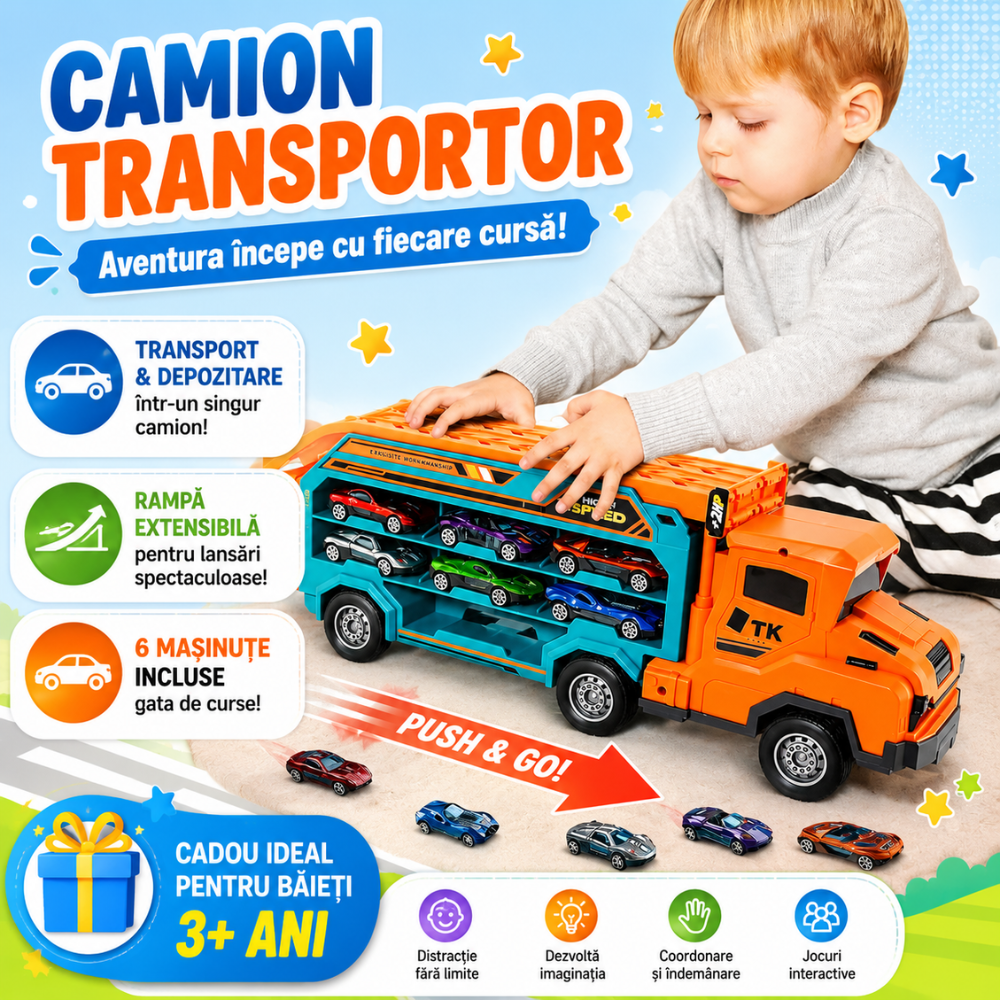 Set Camion Tir De Jucarie Extensibil Lansator Masinute Pentru Copii Transport, KidProtect Rocket Lunch
