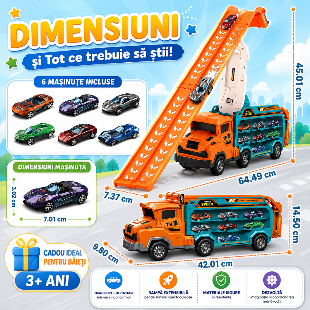 Set Camion Tir De Jucarie Extensibil Lansator Masinute Pentru Copii Transport, KidProtect Rocket Lunch