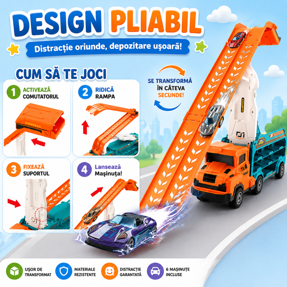Set Camion Tir De Jucarie Extensibil Lansator Masinute Pentru Copii Transport, KidProtect Rocket Lunch