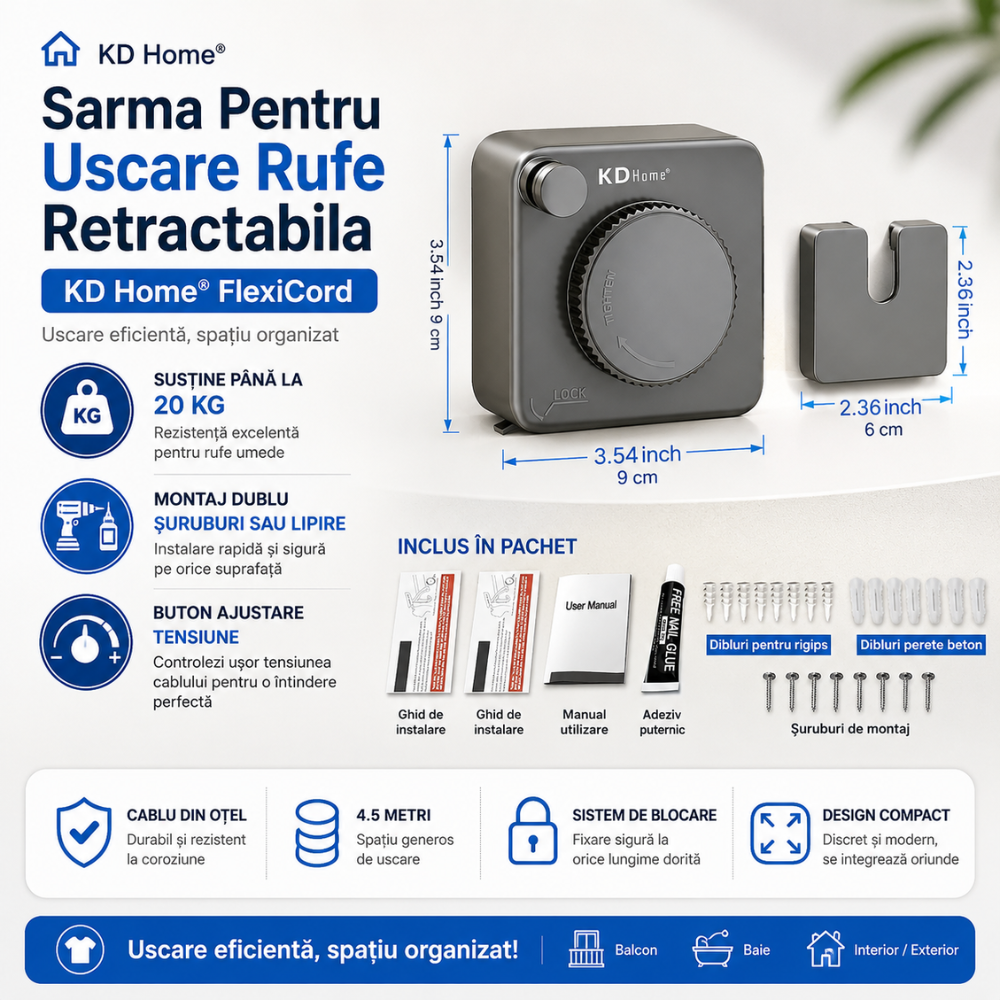 Sarma Pentru Uscare Rufe Retractabila KD Home FlexiCord