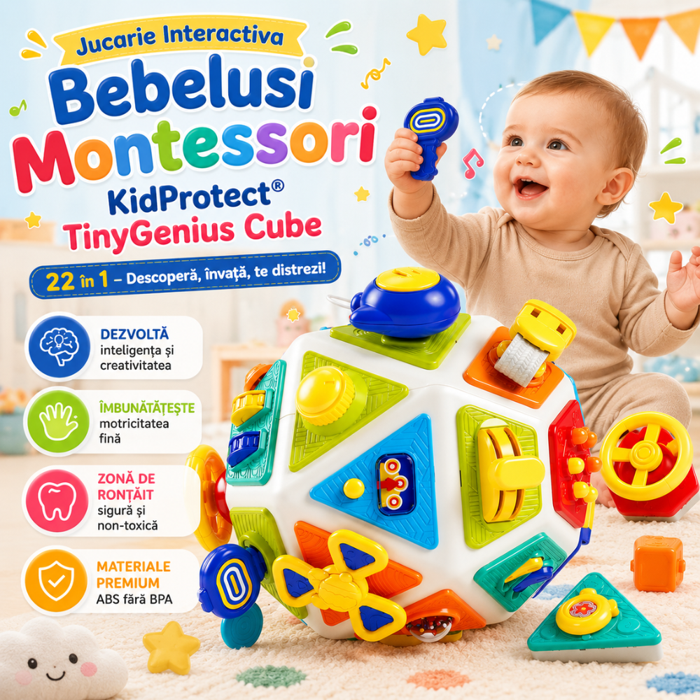 Jucarie Interactiva Bebelusi Montessori KidProtect TinyGenius Cube