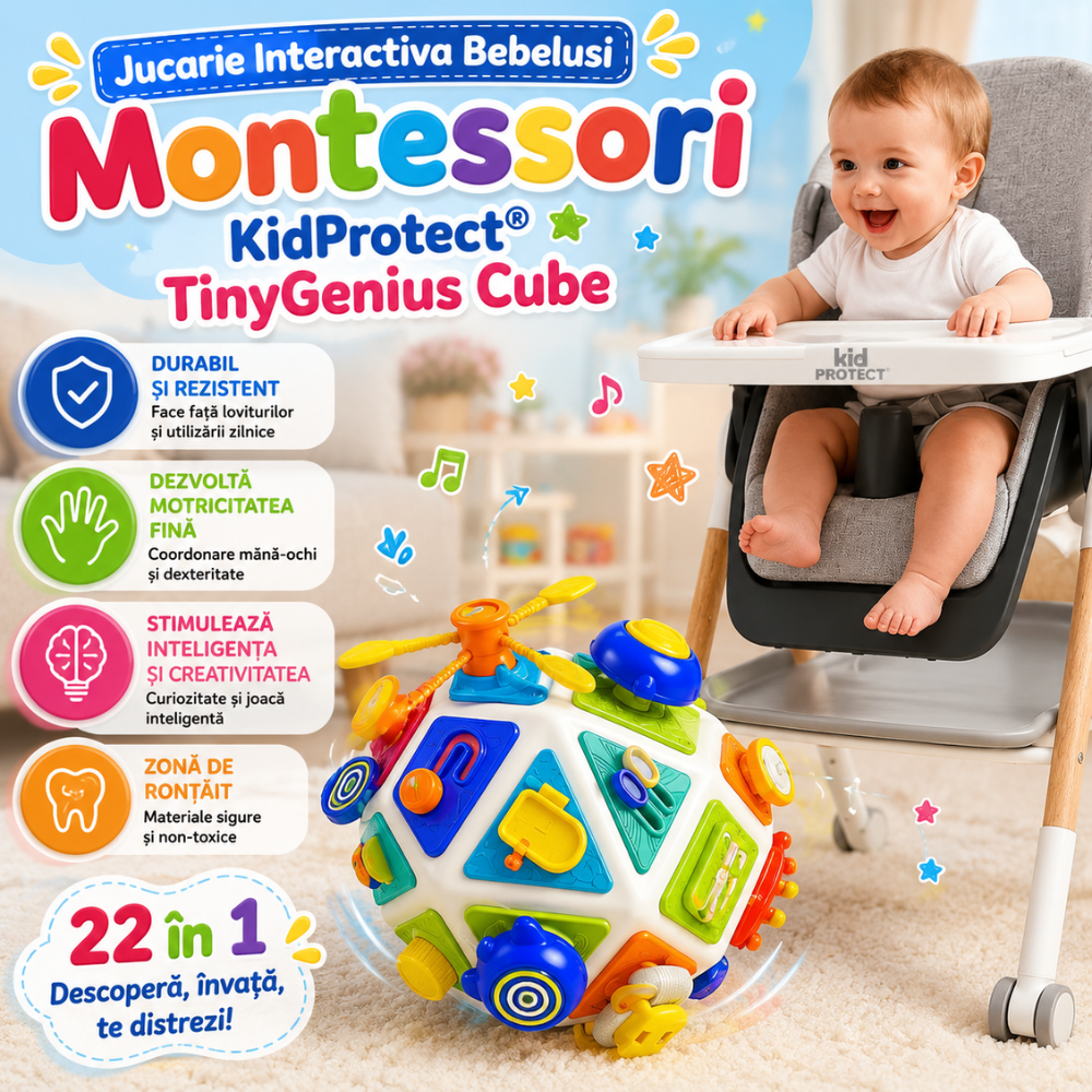 Jucarie Interactiva Bebelusi Montessori KidProtect TinyGenius Cube