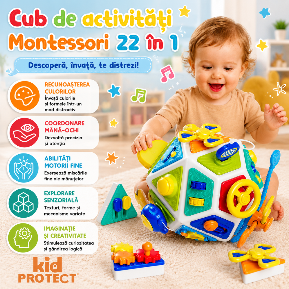 Jucarie Interactiva Bebelusi Montessori KidProtect TinyGenius Cube