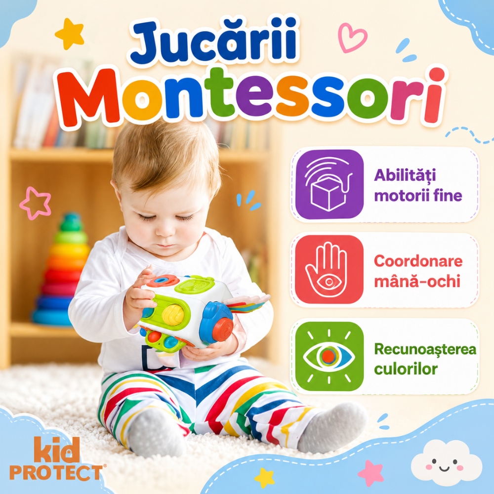 Jucarie Interactiva Bebelusi Montessori KidProtect Busy Cube