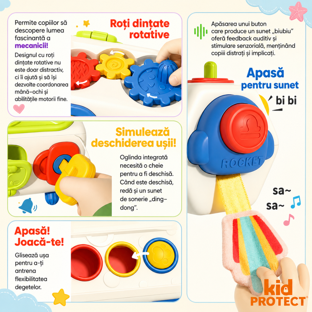 Jucarie Interactiva Bebelusi Montessori KidProtect Busy Cube