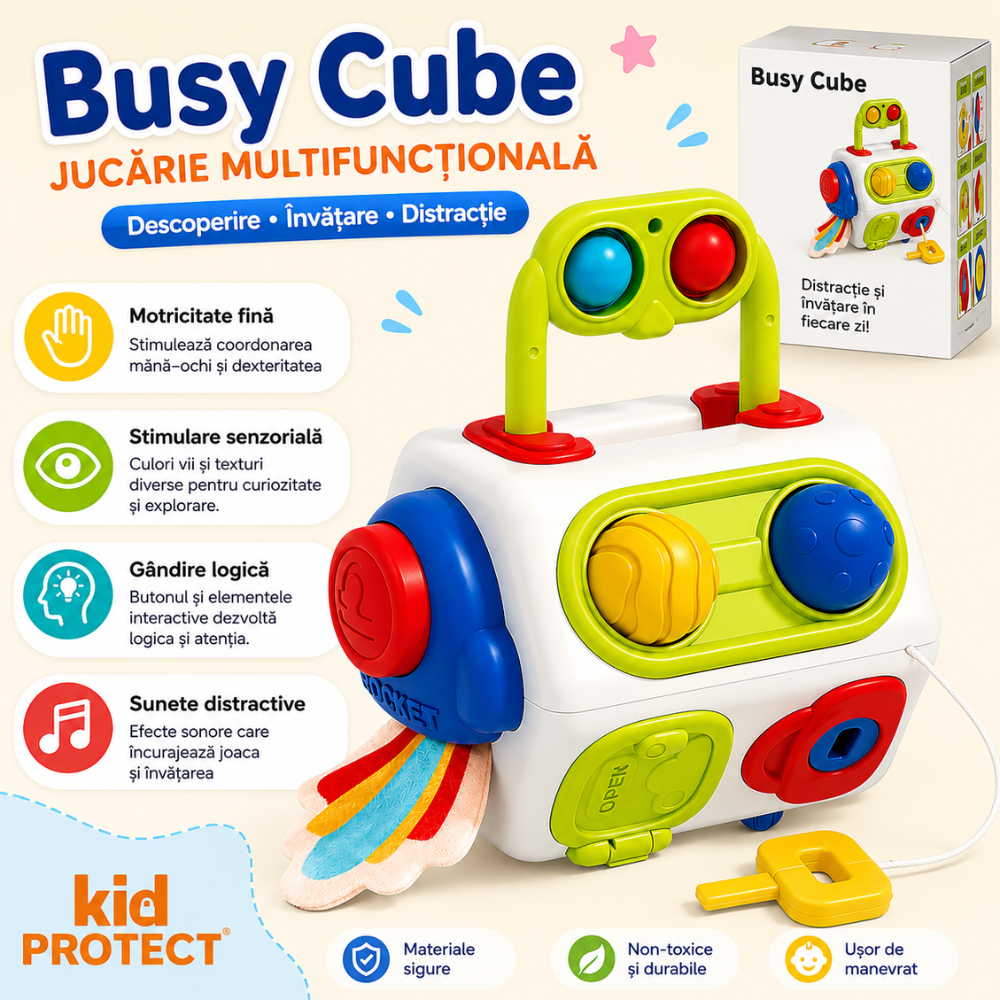 Jucarie Interactiva Bebelusi Montessori KidProtect Busy Cube