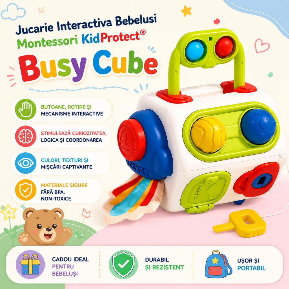 Jucarie Interactiva Bebelusi Montessori KidProtect Busy Cube