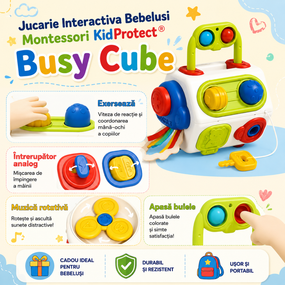 Jucarie Interactiva Bebelusi Montessori KidProtect Busy Cube