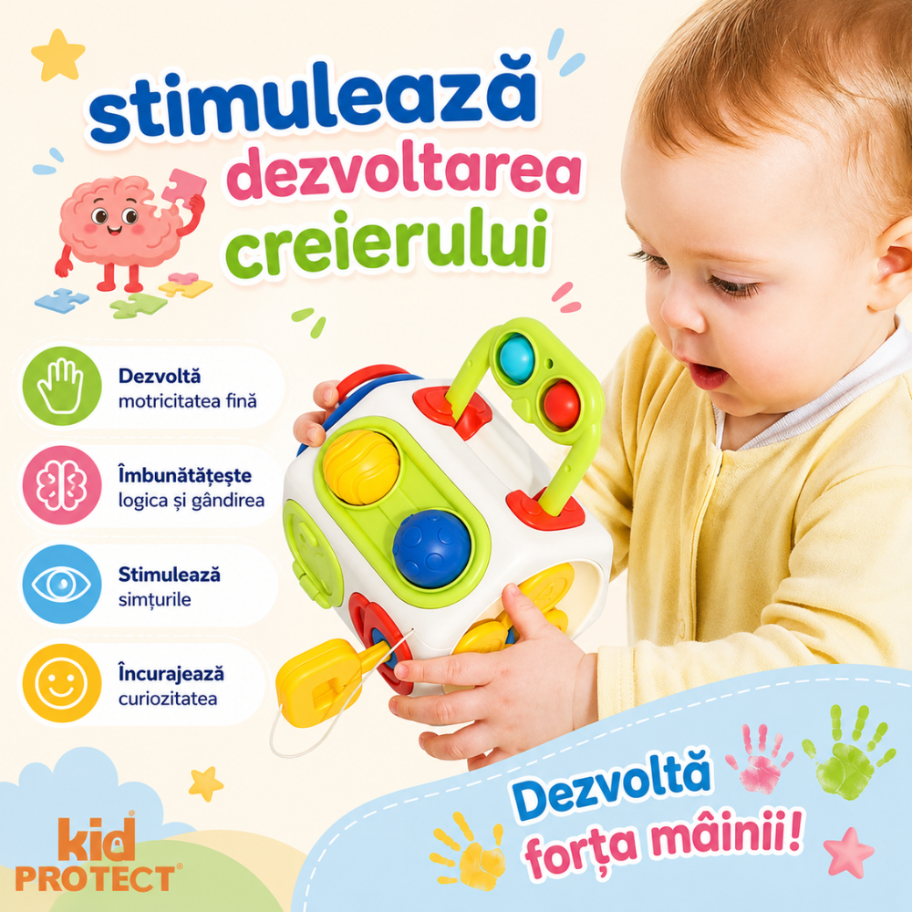 Jucarie Interactiva Bebelusi Montessori KidProtect Busy Cube