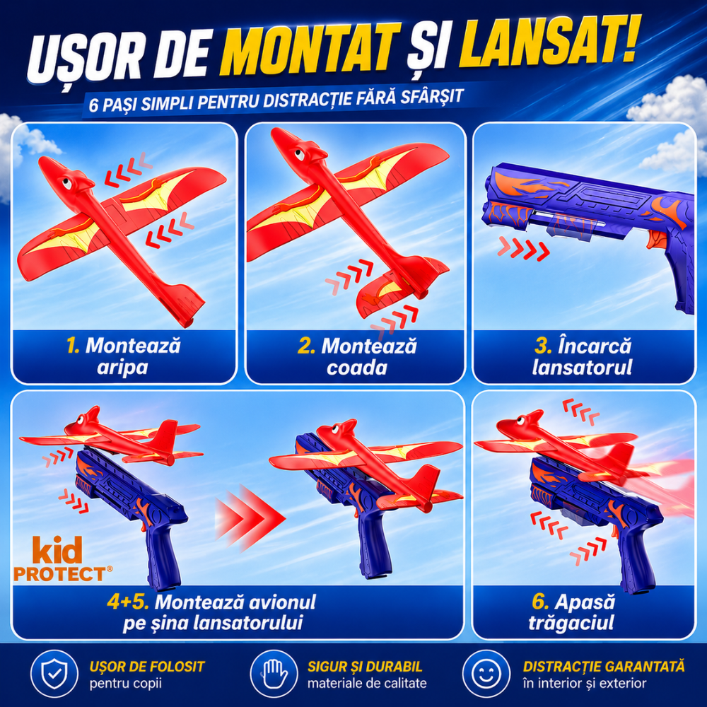 Jucarie Interactiva Pistol Lansator Avioane KidProtect Dino Plane Luncher