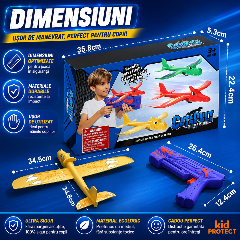 Jucarie Interactiva Pistol Lansator Avioane KidProtect Dino Plane Luncher