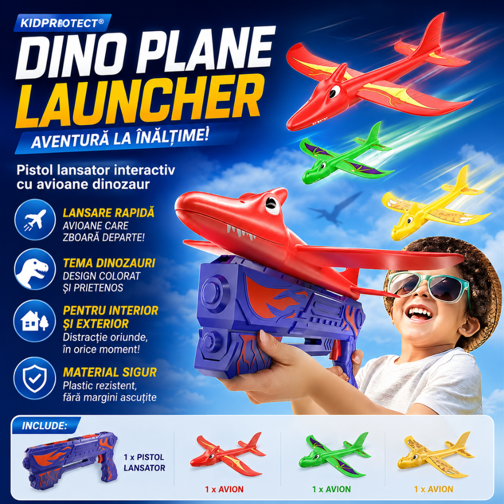 Jucarie Interactiva Pistol Lansator Avioane KidProtect Dino Plane Luncher