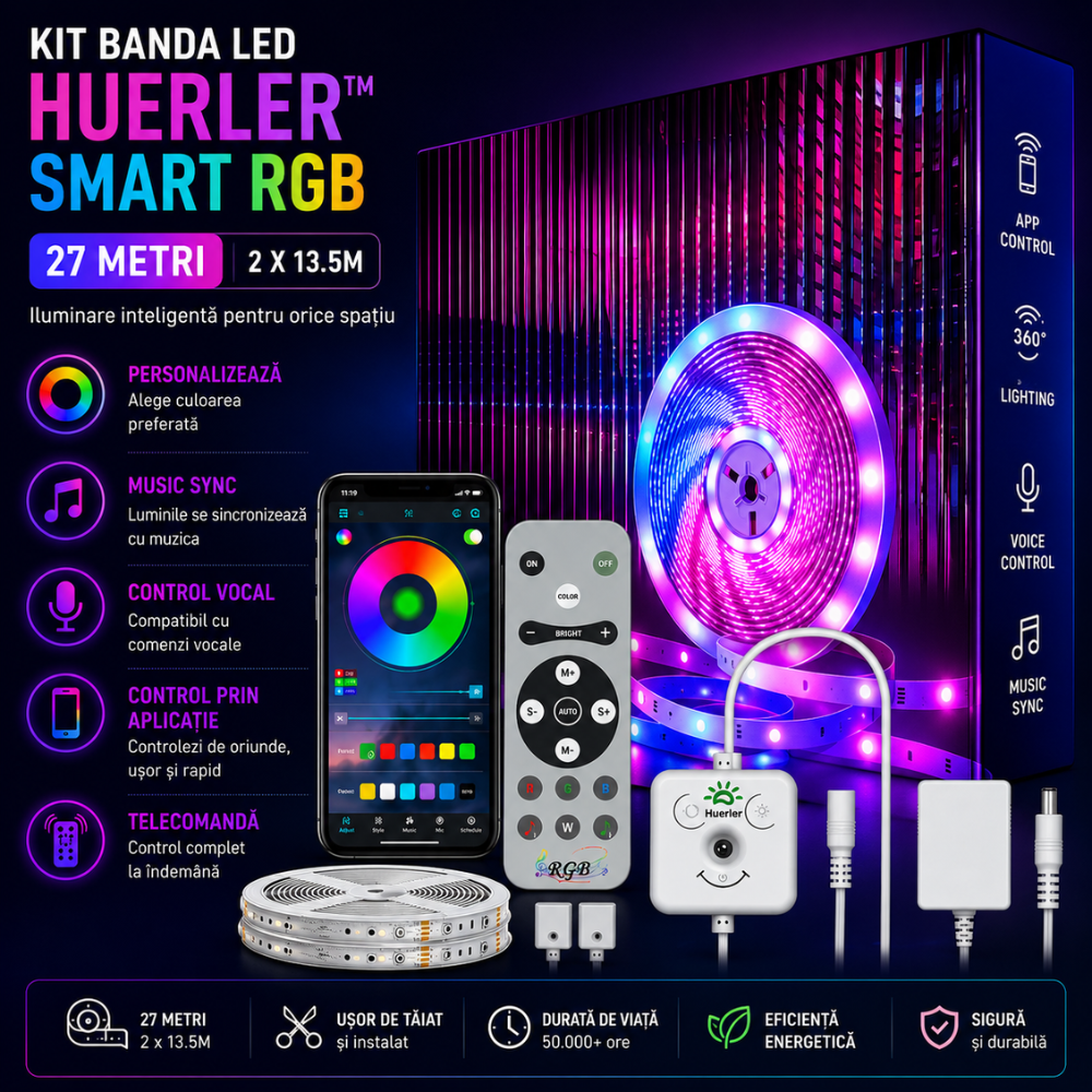 Kit Banda LED Huerler Smart RGB 27 metri (2 X 13.5m)