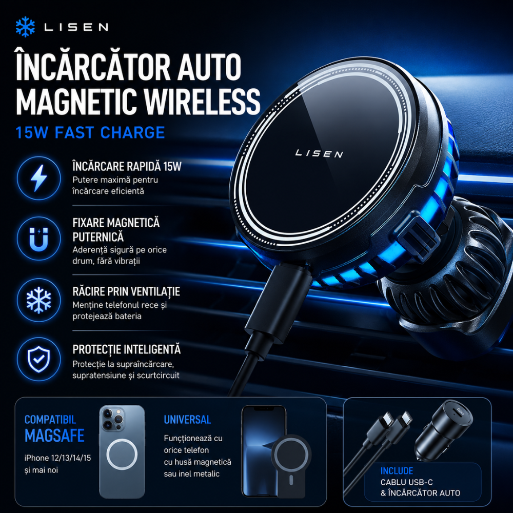 Incarcator Auto Wireless Magnetic Ventilatie Lisen Car Buddy