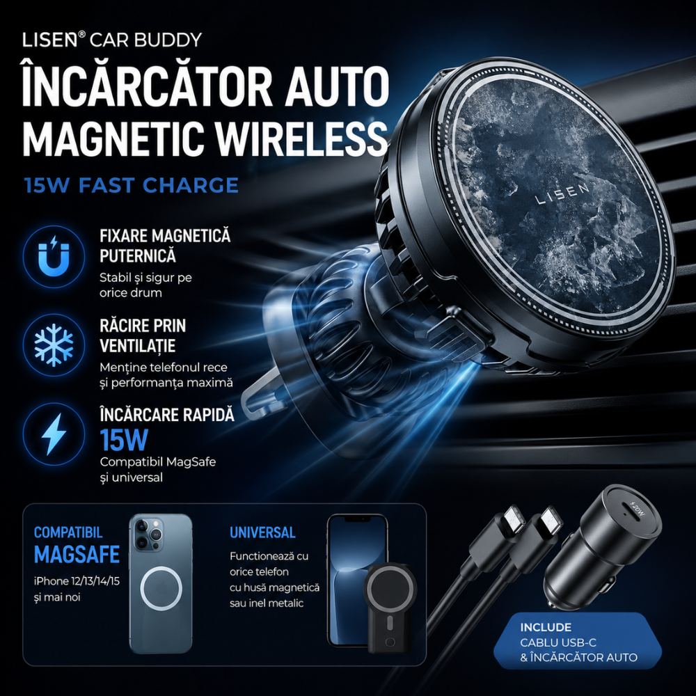 Incarcator Auto Wireless Magnetic Ventilatie Lisen Car Buddy