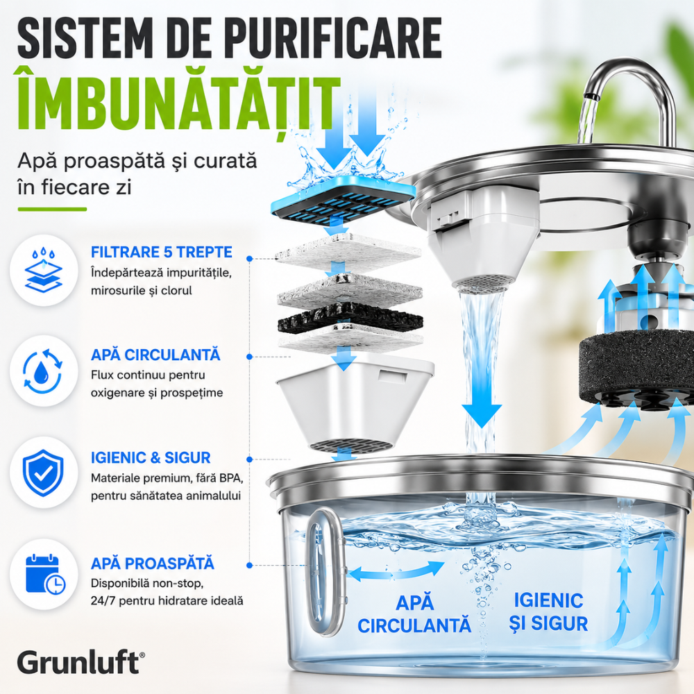 Fantana Apa Pisici si Caini Automat Inox 3.2 L, Grunluft HydroPaw