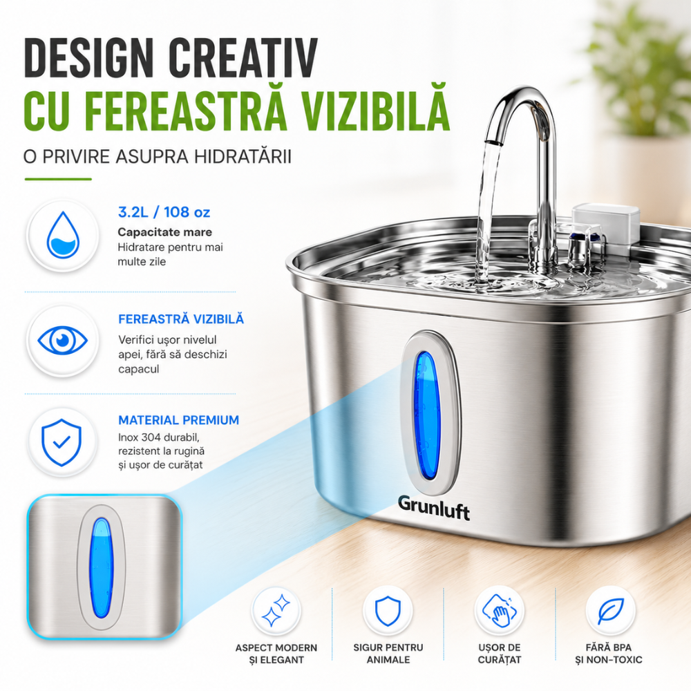 Fantana Apa Pisici si Caini Automat Inox 3.2 L, Grunluft HydroPaw