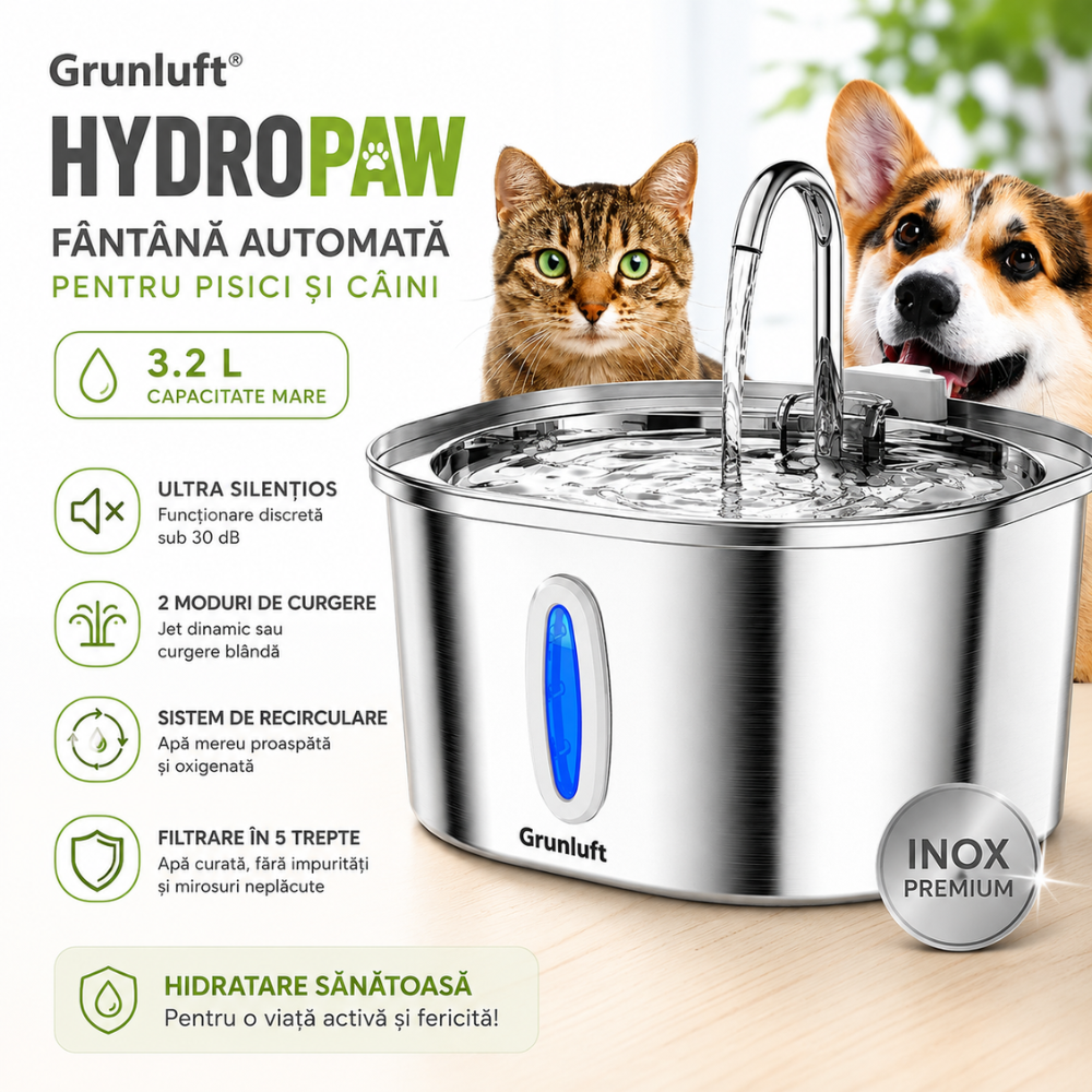Fantana Apa Pisici si Caini Automat Inox 3.2 L, Grunluft HydroPaw