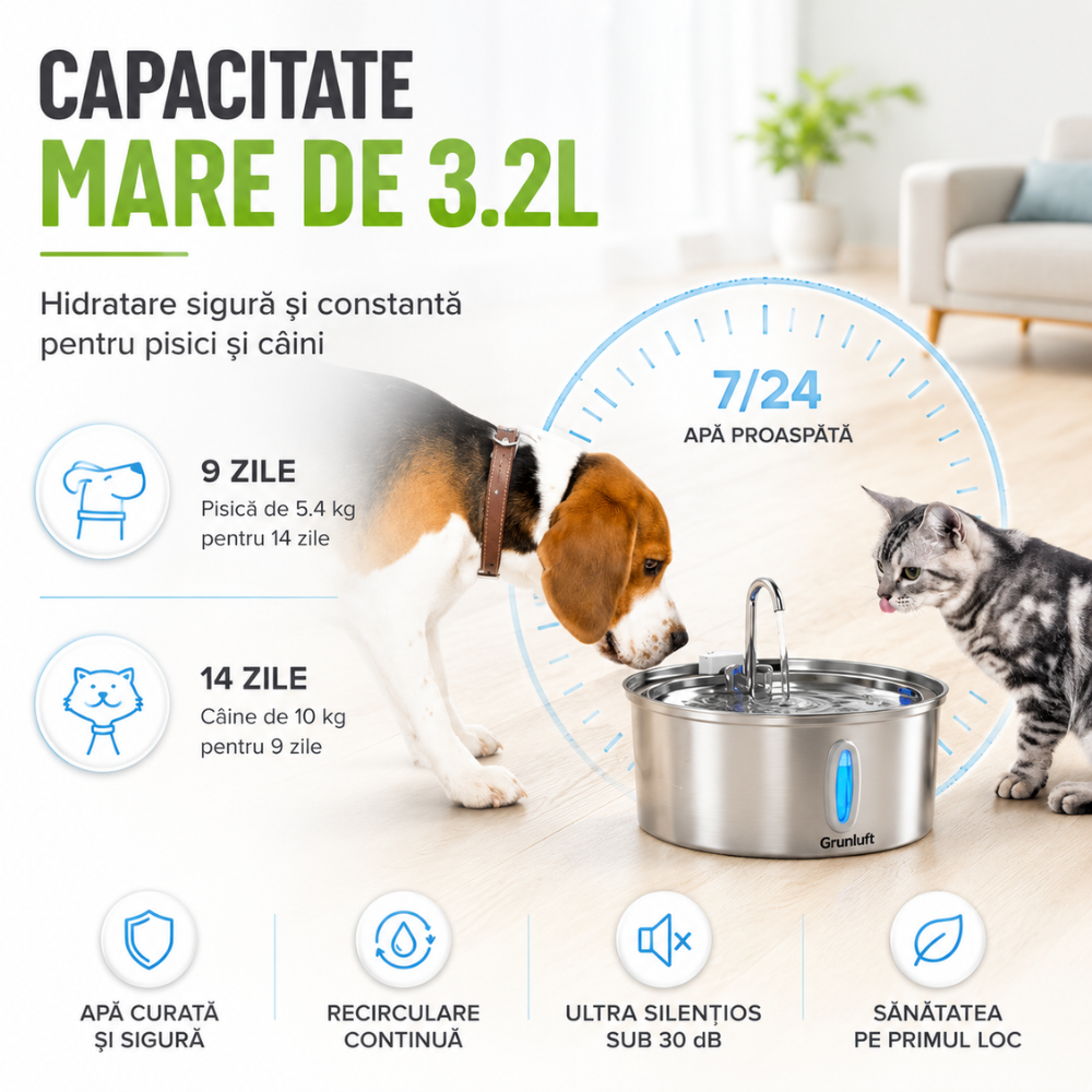 Fantana Apa Pisici si Caini Automat Inox 3.2 L, Grunluft HydroPaw