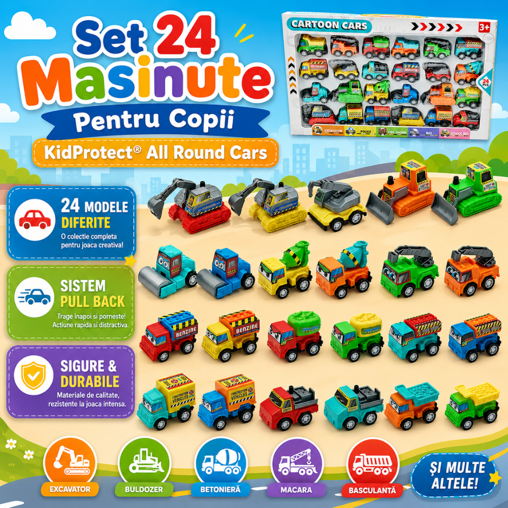 Set 24 Masinute Pentru Copii, KidProtect All Round Cars